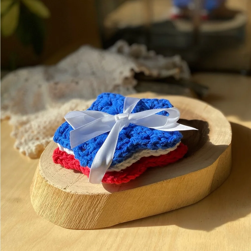 Handmade red, white and blue stars cotton Crochet Coasters Set